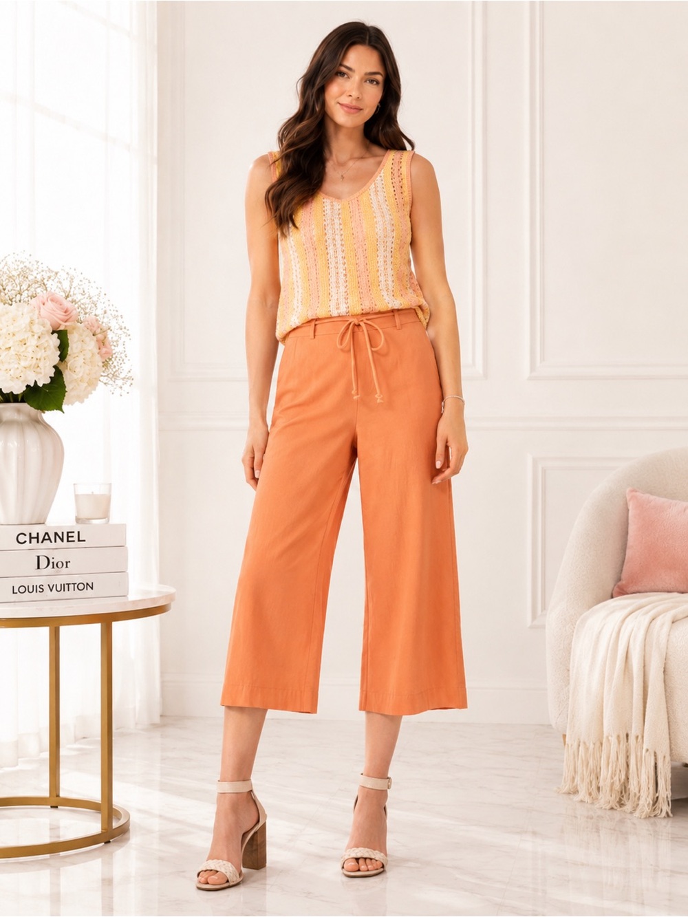 LC Lauren Conrad Peach Wide Leg Crop Pants Tie Waist Boho Resort Chic NWT S